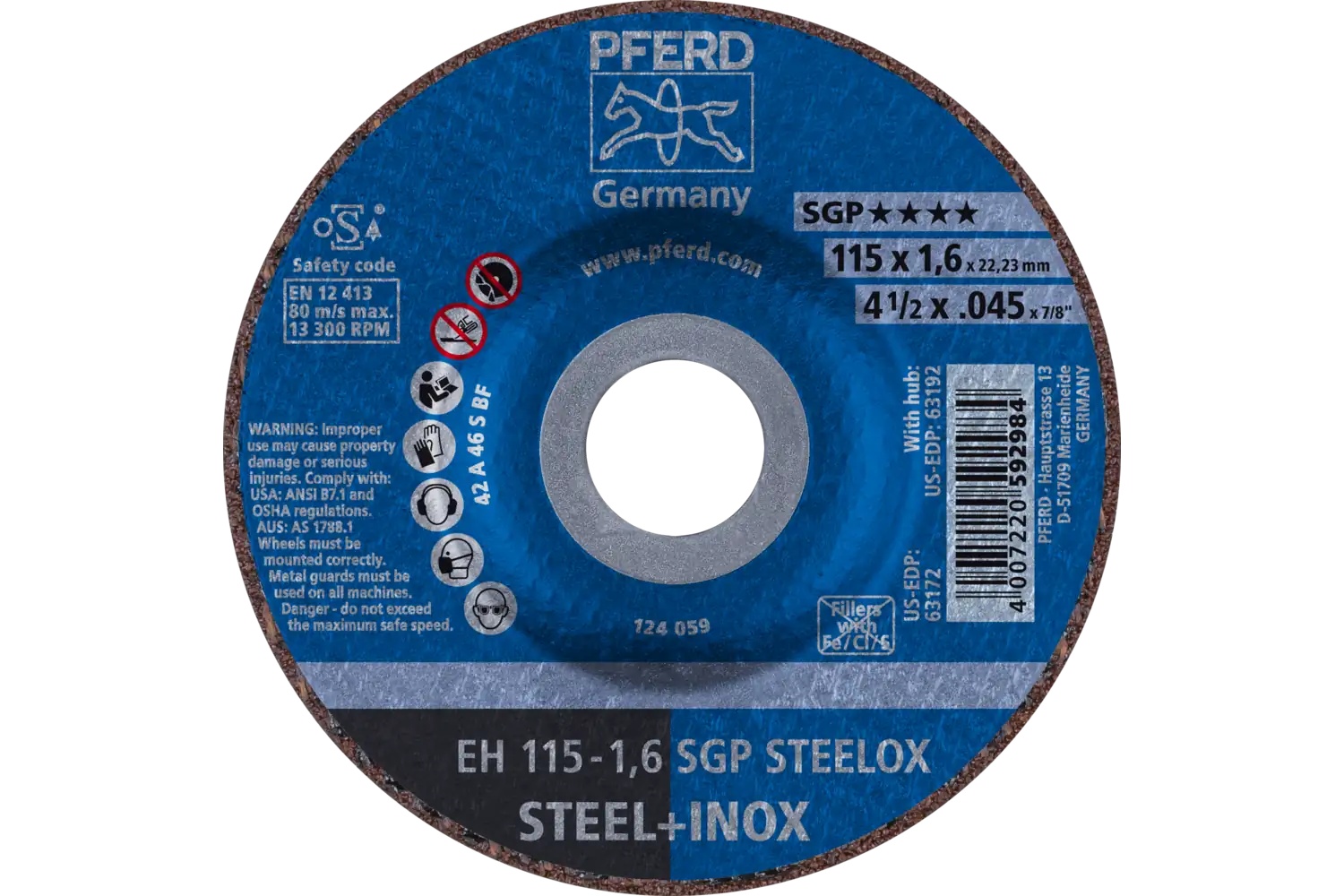 Picture of Pferd Cut-Off Wheel, 4-1/2" X .045 X 7/8, Sgp Steelox, T27, Aluminum Oxide